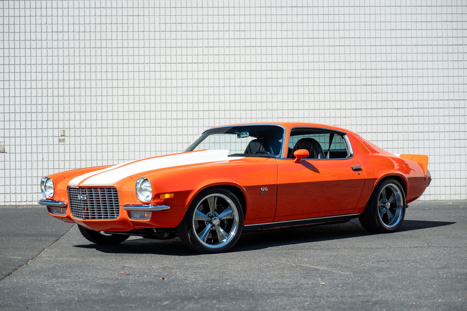 1971 Chevrolet Camaro in Hugger Orange with white racing stripes
